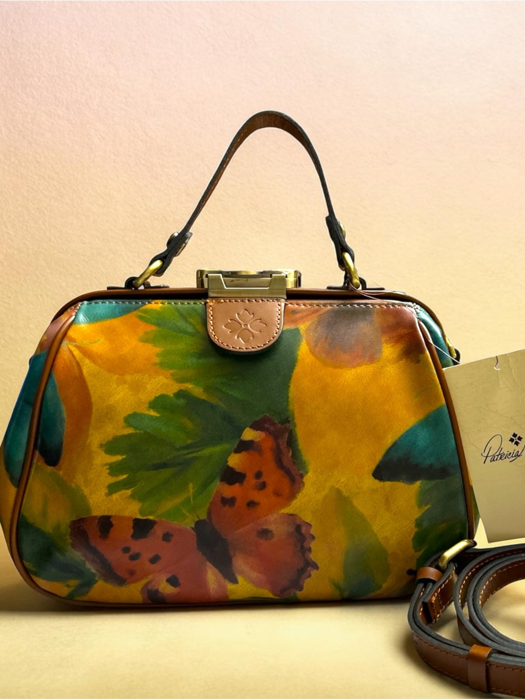 Patricia Nash~Hand-Painted Yellow Butterfly Satchel~ Multicolor Background Nwt~